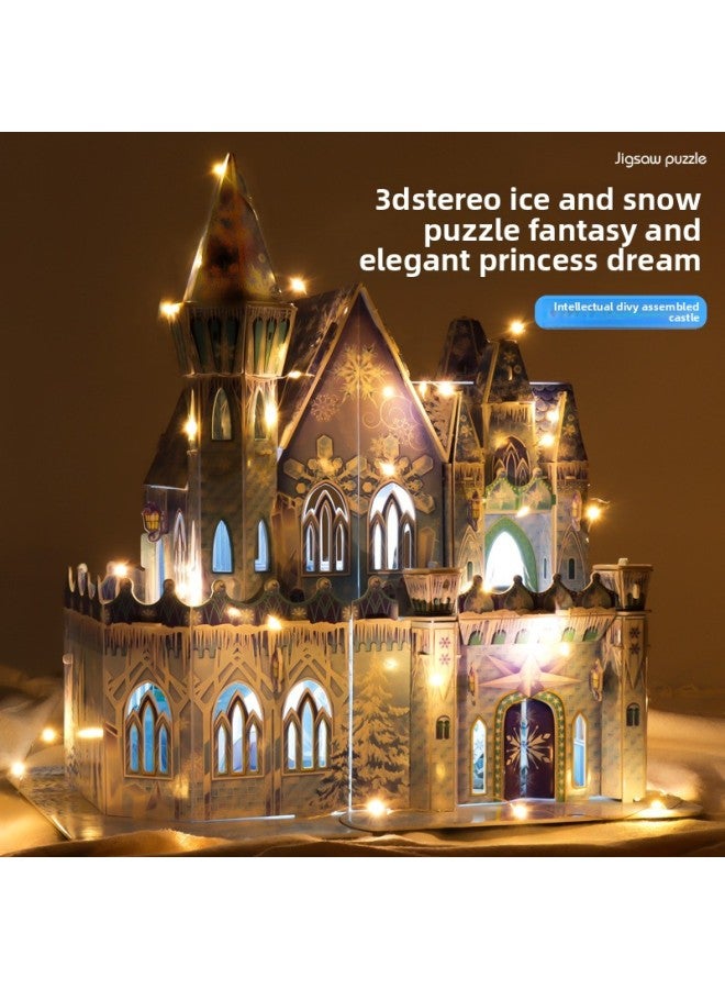 Children's Puzzle Puzzle 3D Three-dimensional Ice Princess Qiyuan Castle 3 To 6 Years Old 8-10 Hand-assembled Model Gift-Color:Ice And Snow Castle Stereo Puzzle +3 Characters (excluding Light String) - Image 1