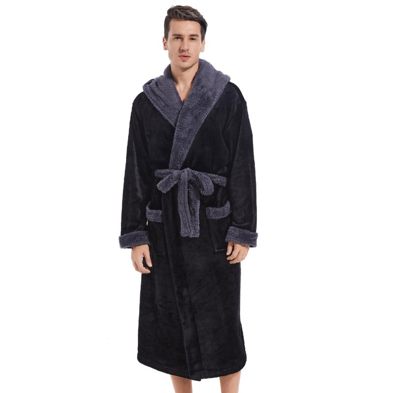 Inner Wish Mens Hooded Robe, Plush Long Bath robes Cozy Warm Bathrobe Fuzzy male Spa Robe With Pocketsï¼ŒBLACK+DARK GREYï¼ŒL/XL - Image 2