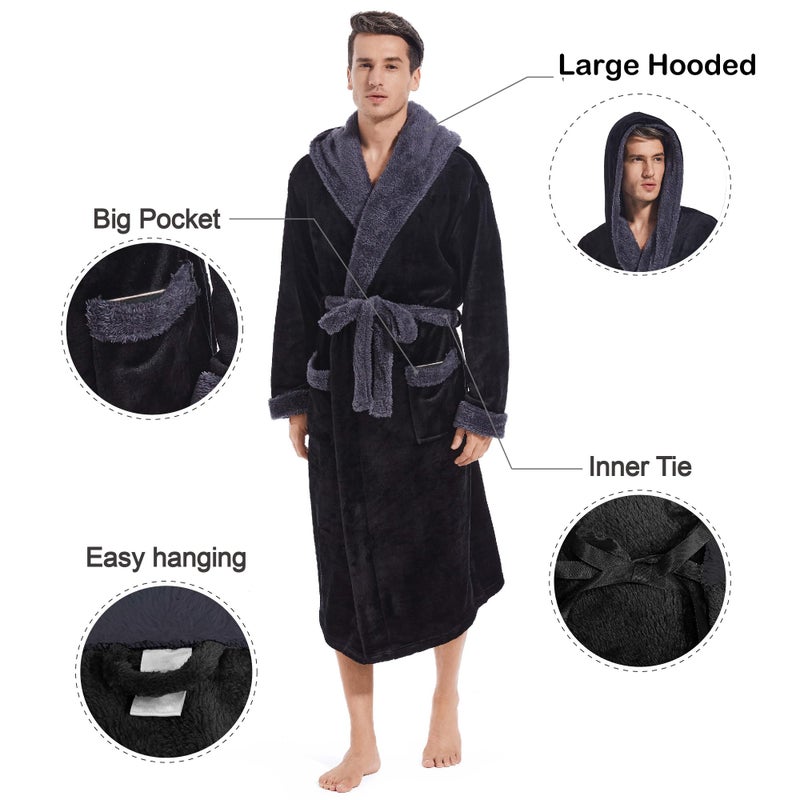 Inner Wish Mens Hooded Robe, Plush Long Bath robes Cozy Warm Bathrobe Fuzzy male Spa Robe With Pocketsï¼ŒBLACK+DARK GREYï¼ŒL/XL - Image 4