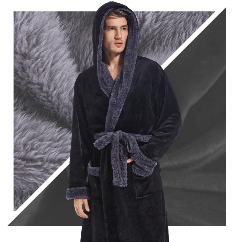Inner Wish Mens Hooded Robe, Plush Long Bath robes Cozy Warm Bathrobe Fuzzy male Spa Robe With Pocketsï¼ŒBLACK+DARK GREYï¼ŒL/XL - Image 5