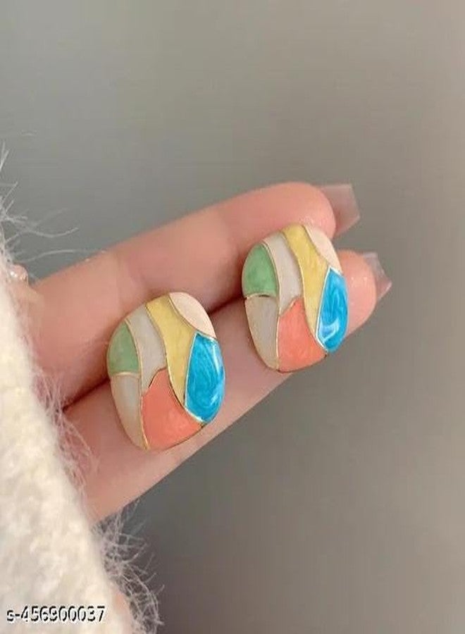 BEAUTIVIA Korean Style Square Stud Earrings, Multi-Coloured Enamel Mosaic Pattern Modern Design - Image 4