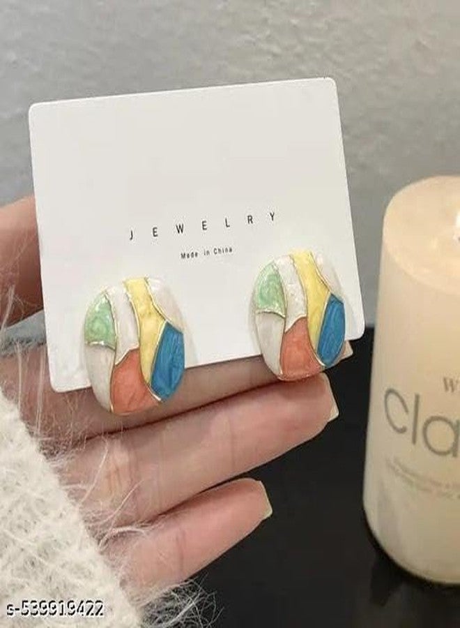 BEAUTIVIA Korean Style Square Stud Earrings, Multi-Coloured Enamel Mosaic Pattern Modern Design - Image 3
