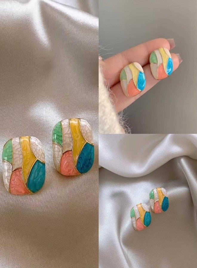 BEAUTIVIA Korean Style Square Stud Earrings, Multi-Coloured Enamel Mosaic Pattern Modern Design - Image 5