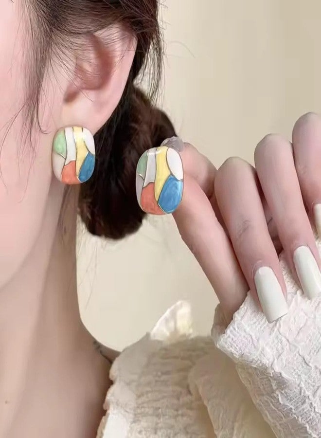BEAUTIVIA Korean Style Square Stud Earrings, Multi-Coloured Enamel Mosaic Pattern Modern Design - Image 2