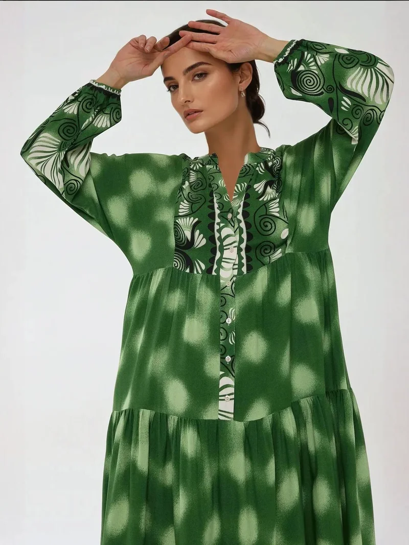 زوبعة فستان ماكسي طويل الأكمام من الفيسكوز مطبوع