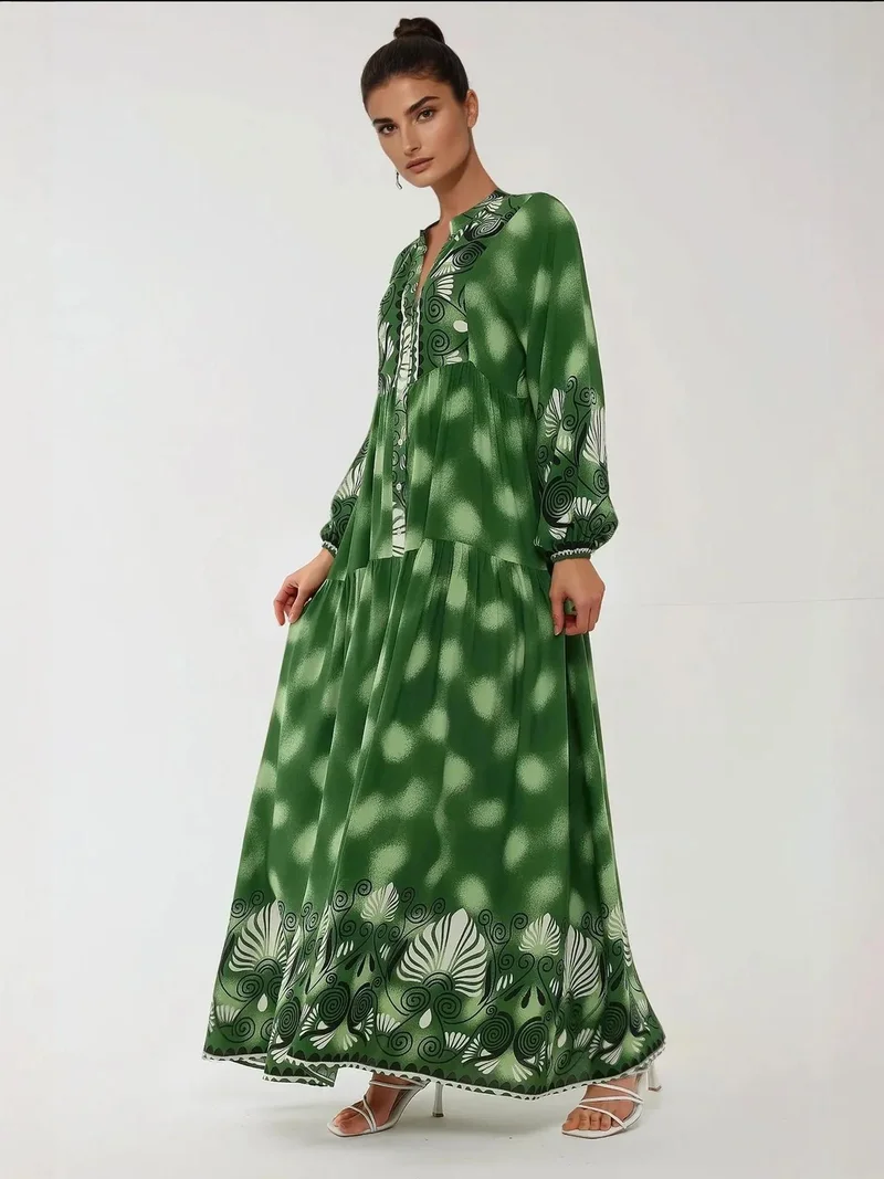 زوبعة فستان ماكسي طويل الأكمام من الفيسكوز مطبوع