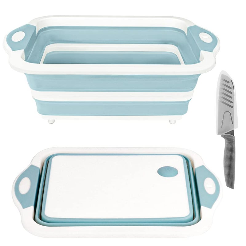 Collapsible Cutting Board Foldable Chopping Board with Colander Multifunctional Kitchen Vegetable Washing Basket Silicone Dish Tub for BBQ PrepPicnicCampingLight Blue