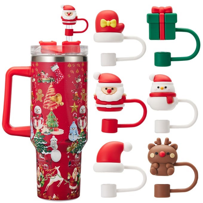 6PCS CHRISTMAS STRAW COVER CAP FOR STANLEY CUP SILICONE STRAW TOPPER FOR STANLEY 3040 OZ TUMBLER WITH HANDLE 10MM DRINKING STRAW TIP COVERS FOR CHRISTMAS GIFTS COLOR 1