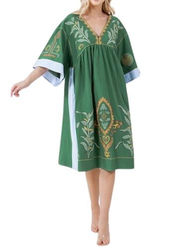 Joiemont Womens Oversized Floral Embroidered Long Dress with V-Neck and 3/4 Sleeves Vintage Embroidery Babydoll Dress(0652-Green-L) - Image 1
