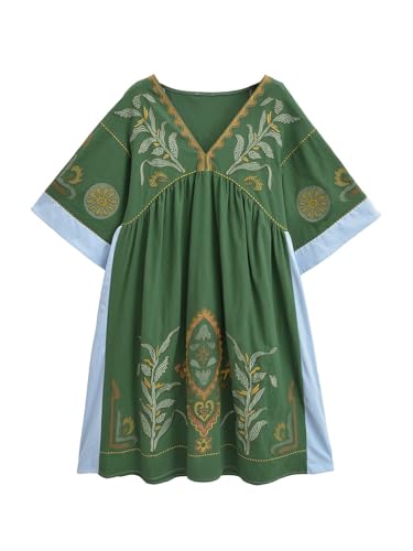 Joiemont Womens Oversized Floral Embroidered Long Dress with V-Neck and 3/4 Sleeves Vintage Embroidery Babydoll Dress(0652-Green-L) - Image 4