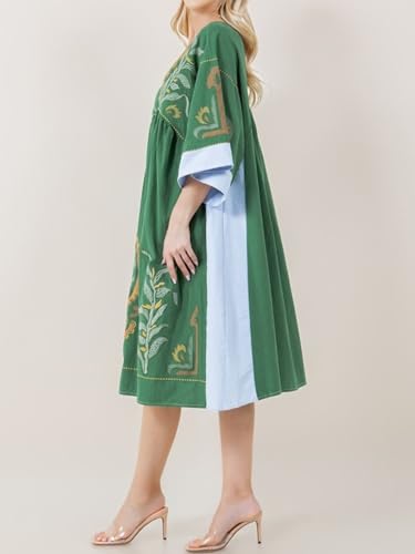 Joiemont Womens Oversized Floral Embroidered Long Dress with V-Neck and 3/4 Sleeves Vintage Embroidery Babydoll Dress(0652-Green-L) - Image 2