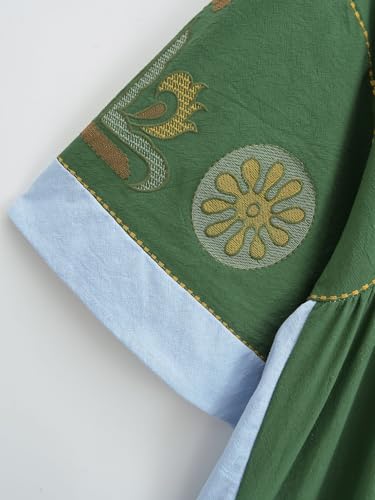 Joiemont Womens Oversized Floral Embroidered Long Dress with V-Neck and 3/4 Sleeves Vintage Embroidery Babydoll Dress(0652-Green-L) - Image 5