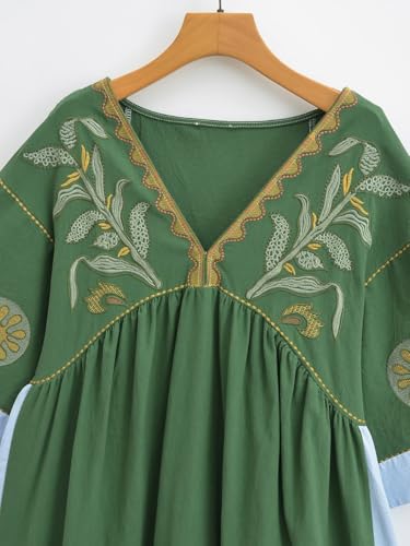 Joiemont Womens Oversized Floral Embroidered Long Dress with V-Neck and 3/4 Sleeves Vintage Embroidery Babydoll Dress(0652-Green-L) - Image 3
