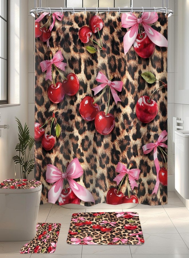 LIGHTINHOME 4 PCS Bow Cherry Leopard Shower Curtain Set 72Wx72H,Toilet Lid Cover,Non-Slip Rugs and U-Shaped Mat,Wildlife Cheetah Bathroom Sets with Rugs Shower Accessories 12 Hooks for Bathroom Decor - Image 2