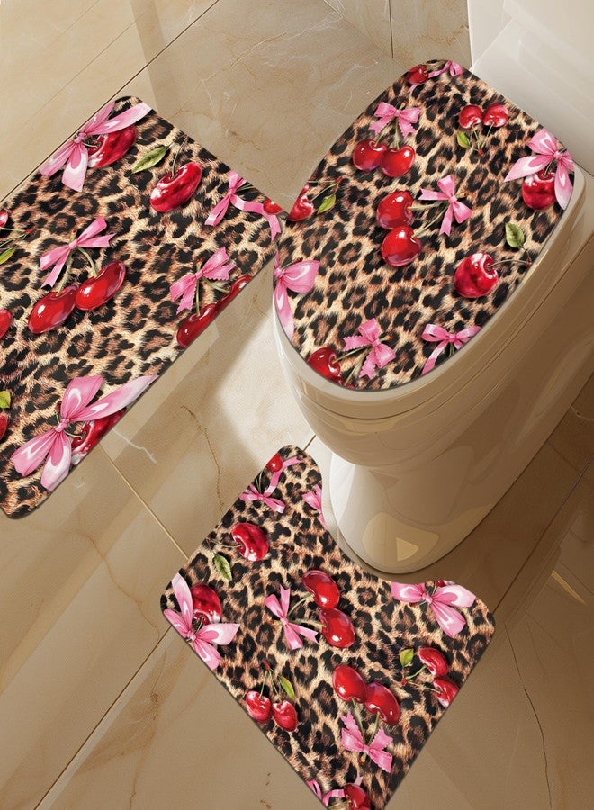 LIGHTINHOME 4 PCS Bow Cherry Leopard Shower Curtain Set 72Wx72H,Toilet Lid Cover,Non-Slip Rugs and U-Shaped Mat,Wildlife Cheetah Bathroom Sets with Rugs Shower Accessories 12 Hooks for Bathroom Decor - Image 3
