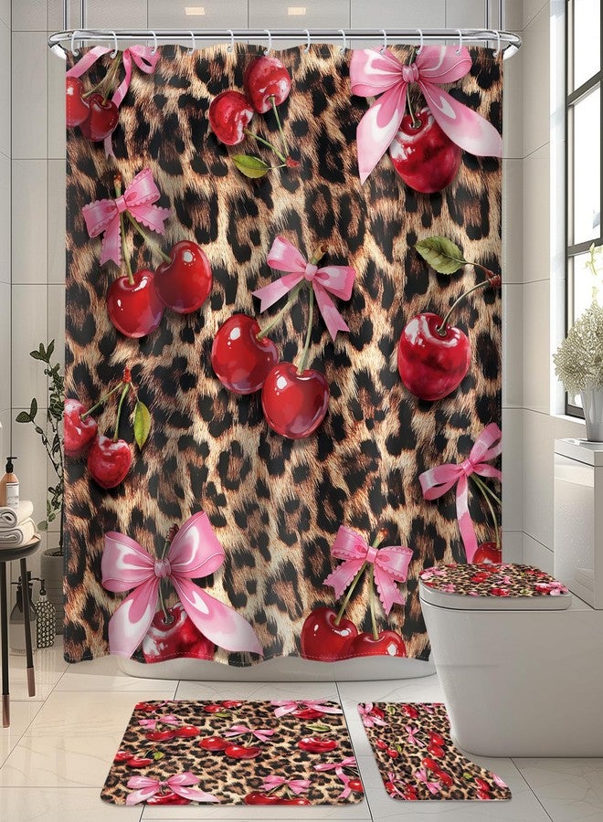 LIGHTINHOME 4 PCS Bow Cherry Leopard Shower Curtain Set 72Wx72H,Toilet Lid Cover,Non-Slip Rugs and U-Shaped Mat,Wildlife Cheetah Bathroom Sets with Rugs Shower Accessories 12 Hooks for Bathroom Decor - Image 1