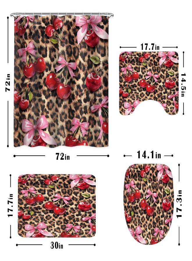 LIGHTINHOME 4 PCS Bow Cherry Leopard Shower Curtain Set 72Wx72H,Toilet Lid Cover,Non-Slip Rugs and U-Shaped Mat,Wildlife Cheetah Bathroom Sets with Rugs Shower Accessories 12 Hooks for Bathroom Decor - Image 4