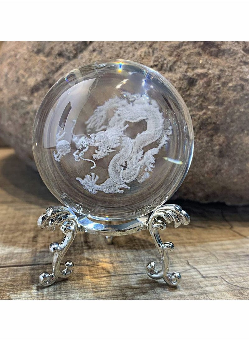 SYOSI - Crystal Ball Dragon Decorative Balls Crystal Chinese Dragon Crystal Ball with Sliver Plated Flowering Stand Fengshui Glass Loong Ball Home Decoration 2.4 inch (60mm) - Image 1