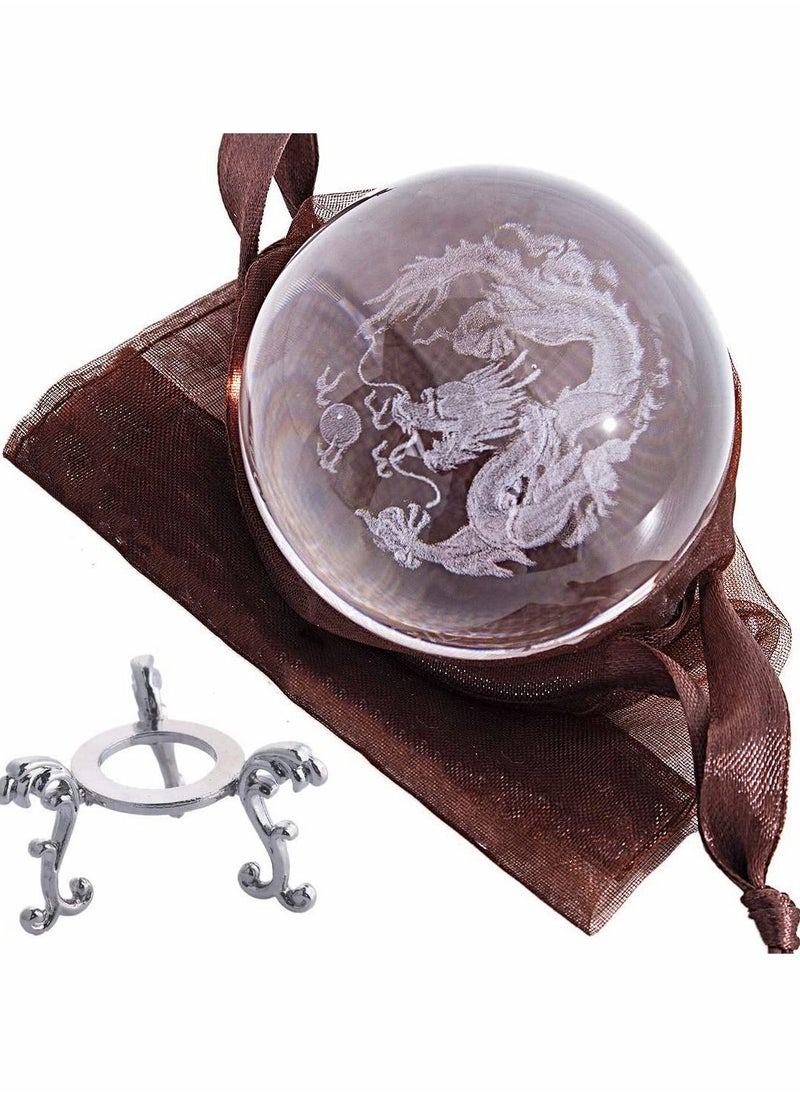 SYOSI - Crystal Ball Dragon Decorative Balls Crystal Chinese Dragon Crystal Ball with Sliver Plated Flowering Stand Fengshui Glass Loong Ball Home Decoration 2.4 inch (60mm) - Image 1