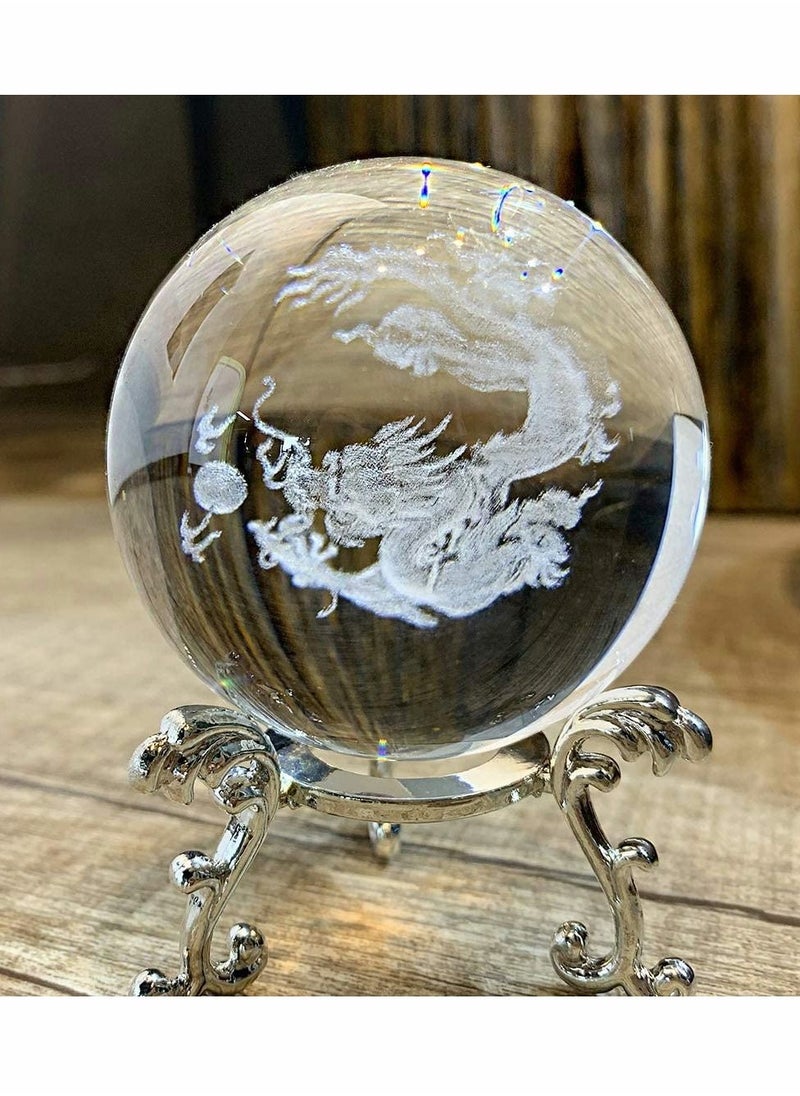 SYOSI - Crystal Ball Dragon Decorative Balls Crystal Chinese Dragon Crystal Ball with Sliver Plated Flowering Stand Fengshui Glass Loong Ball Home Decoration 2.4 inch (60mm) - Image 1