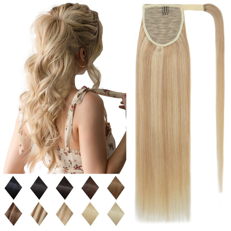 SEGO Ponytail Extension Human Hair Real Human Hair Clip In Wrap Around Long Straight Ponytail With Magic Paste Pony Hairpieces for Women 14 Inch 80g 18P613 Ash BlondeBleach Blonde