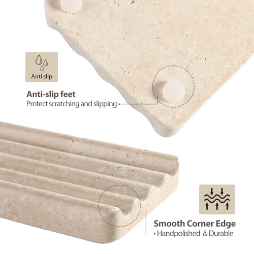 Koville Natural Travertine Soap Dish for Bathroom Shower, Marble Soap Tray Travertine Dish for Bathroom, Stone Soap Tray for Sink, Stripe Grooves Soap Saver Keep Soap Bars Dry Easy Clean - Image 3