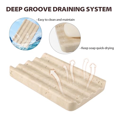 Koville Natural Travertine Soap Dish for Bathroom Shower, Marble Soap Tray Travertine Dish for Bathroom, Stone Soap Tray for Sink, Stripe Grooves Soap Saver Keep Soap Bars Dry Easy Clean - Image 4