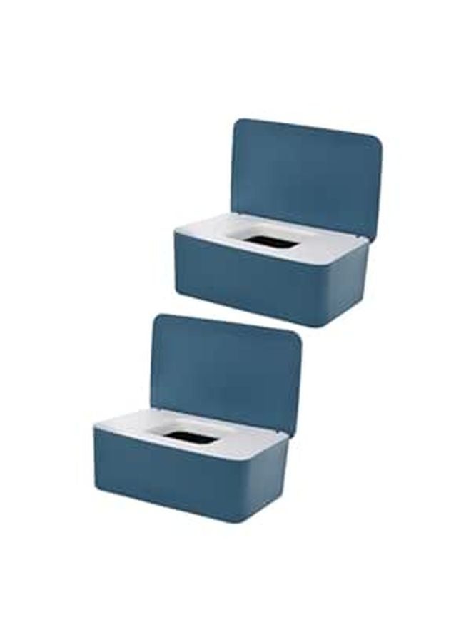 Refillable Wipes Dispenser Container Set of 2 White and Blue Sealed Dustproof Storage Box - Image 1