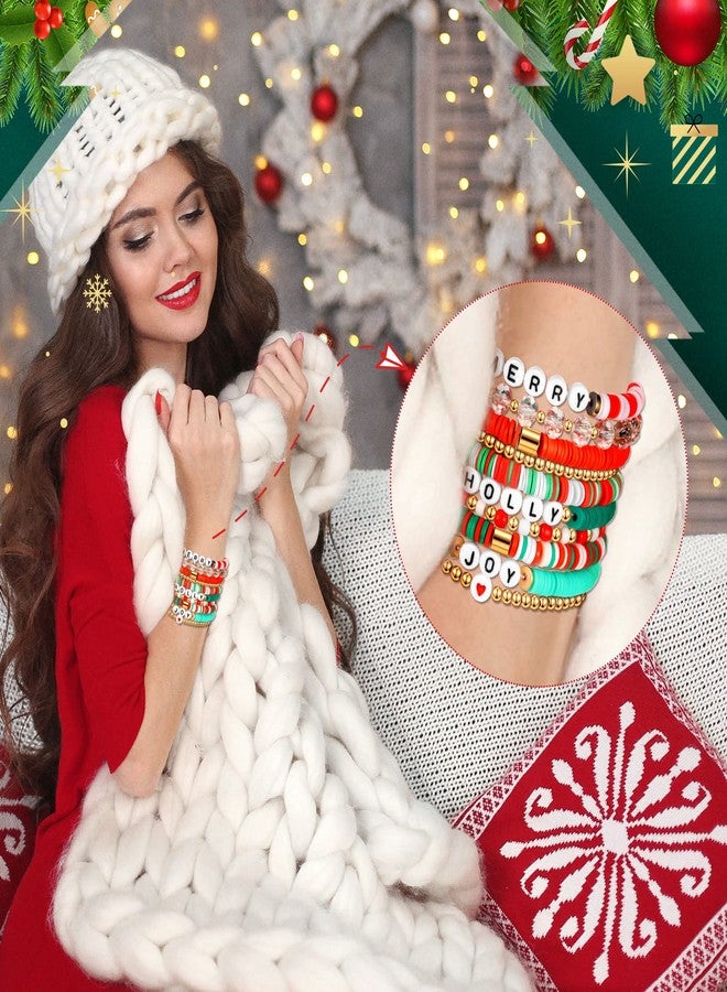 Leitee 10 Pcs Christmas Bracelets Gifts for Women Heishi Surfer Bracelets Polymer Clay Stretch Jewelry Party Favor Supplies - Image 2