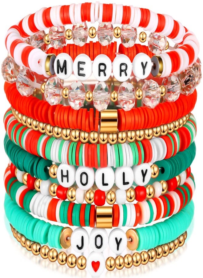 Leitee 10 Pcs Christmas Bracelets Gifts for Women Heishi Surfer Bracelets Polymer Clay Stretch Jewelry Party Favor Supplies - Image 1