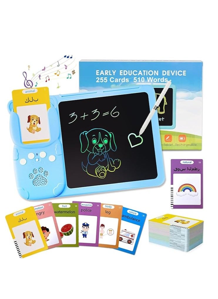 OUYoo OUYoo Talking Flash Cards Early Educational Toys for 3 4 5 6 Year Old Baby Boys Girls, Preschool Learning Reading Machine with,Montessori Interactive Gift for Kids Toddlers  Arabic English Flash Cards Educational Reading Machine Preschool Learning Device (Blue, Writing Pad + 510 Words)  - Image 1
