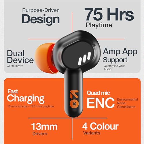 GOBOULT Tenet TWS Earbuds with 75H Playtime, Amp App Support, Quad Mic ENC, Dual Device Pairing Buds, 13mm Driver Ear Buds, Bluetooth 5.4 Wireless Earbuds (Turbo Orange) - Image 2