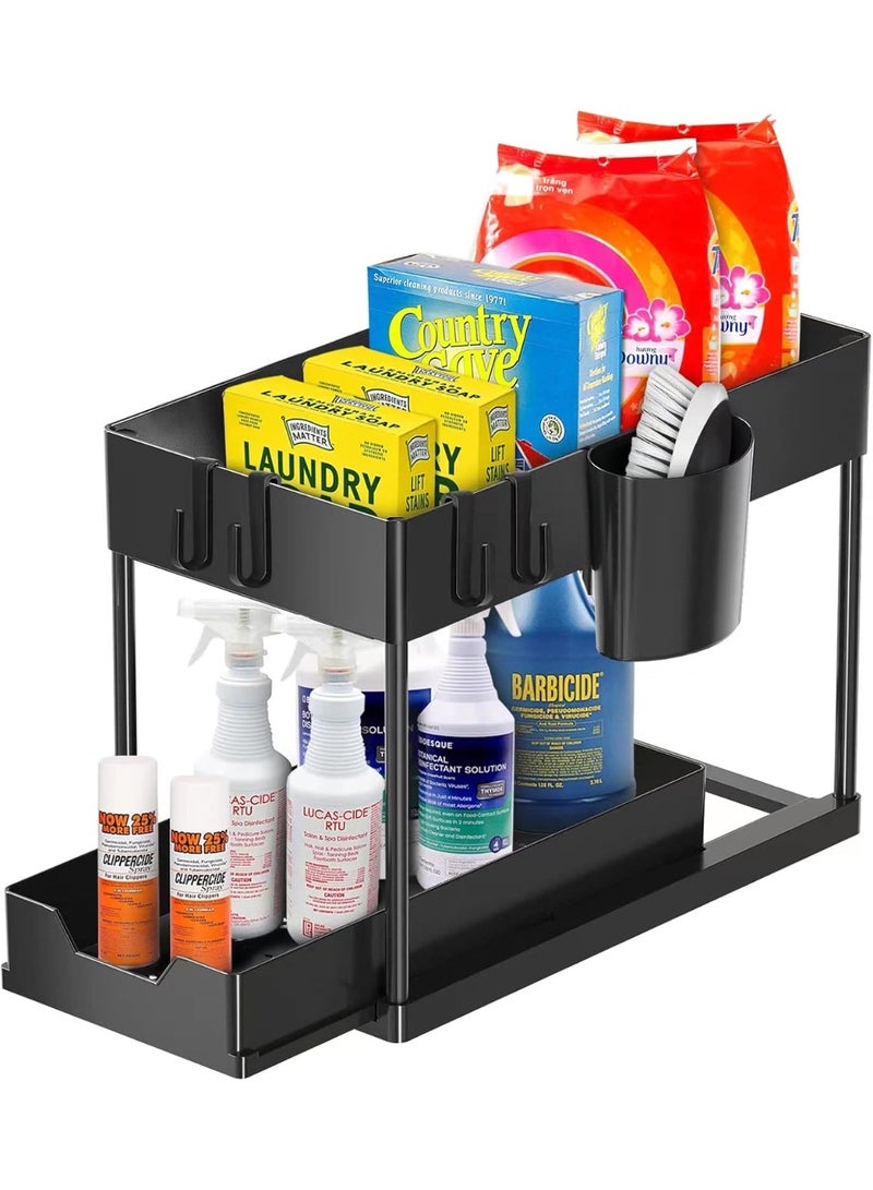 AIWANTO Under Sink Organizer with Sliding Drawer & Storage Shelf – Kitchen Sink Storage Rack, Bathroom Cabinet Organizer, Under Counter Space Saver with Hooks – Black - Image 1