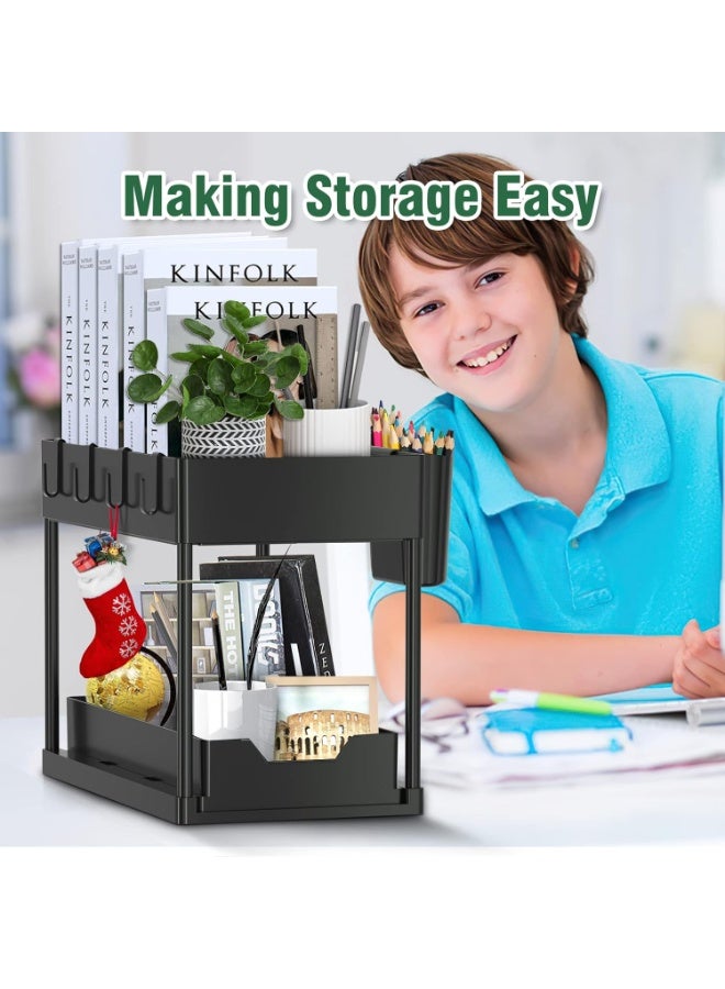 AIWANTO Under Sink Organizer with Sliding Drawer & Storage Shelf – Kitchen Sink Storage Rack, Bathroom Cabinet Organizer, Under Counter Space Saver with Hooks – Black - Image 4