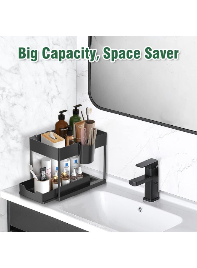 AIWANTO Under Sink Organizer with Sliding Drawer & Storage Shelf – Kitchen Sink Storage Rack, Bathroom Cabinet Organizer, Under Counter Space Saver with Hooks – Black - Image 3