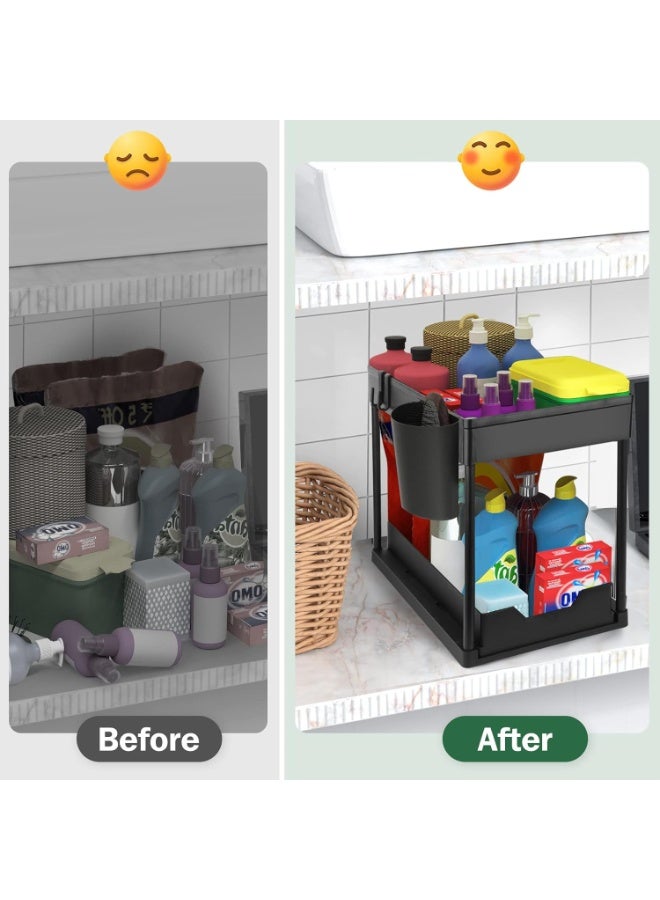 AIWANTO Under Sink Organizer with Sliding Drawer & Storage Shelf – Kitchen Sink Storage Rack, Bathroom Cabinet Organizer, Under Counter Space Saver with Hooks – Black - Image 5