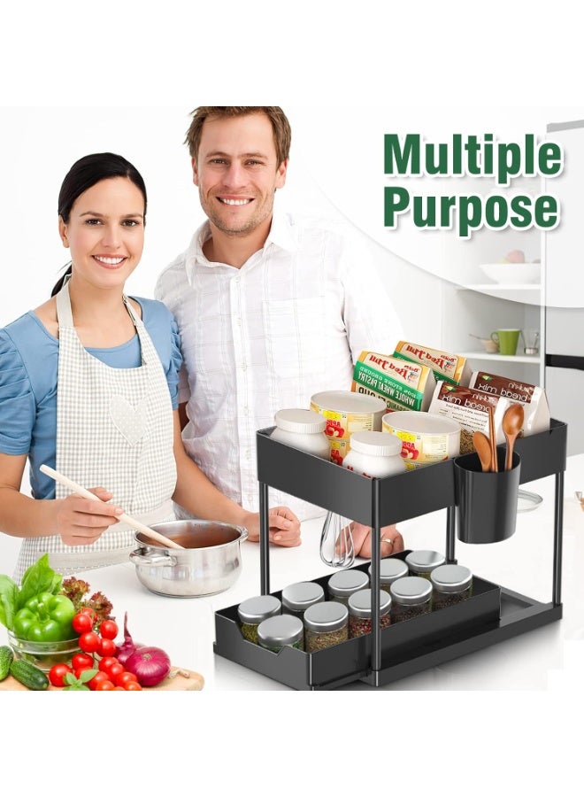 AIWANTO Under Sink Organizer with Sliding Drawer & Storage Shelf – Kitchen Sink Storage Rack, Bathroom Cabinet Organizer, Under Counter Space Saver with Hooks – Black - Image 2