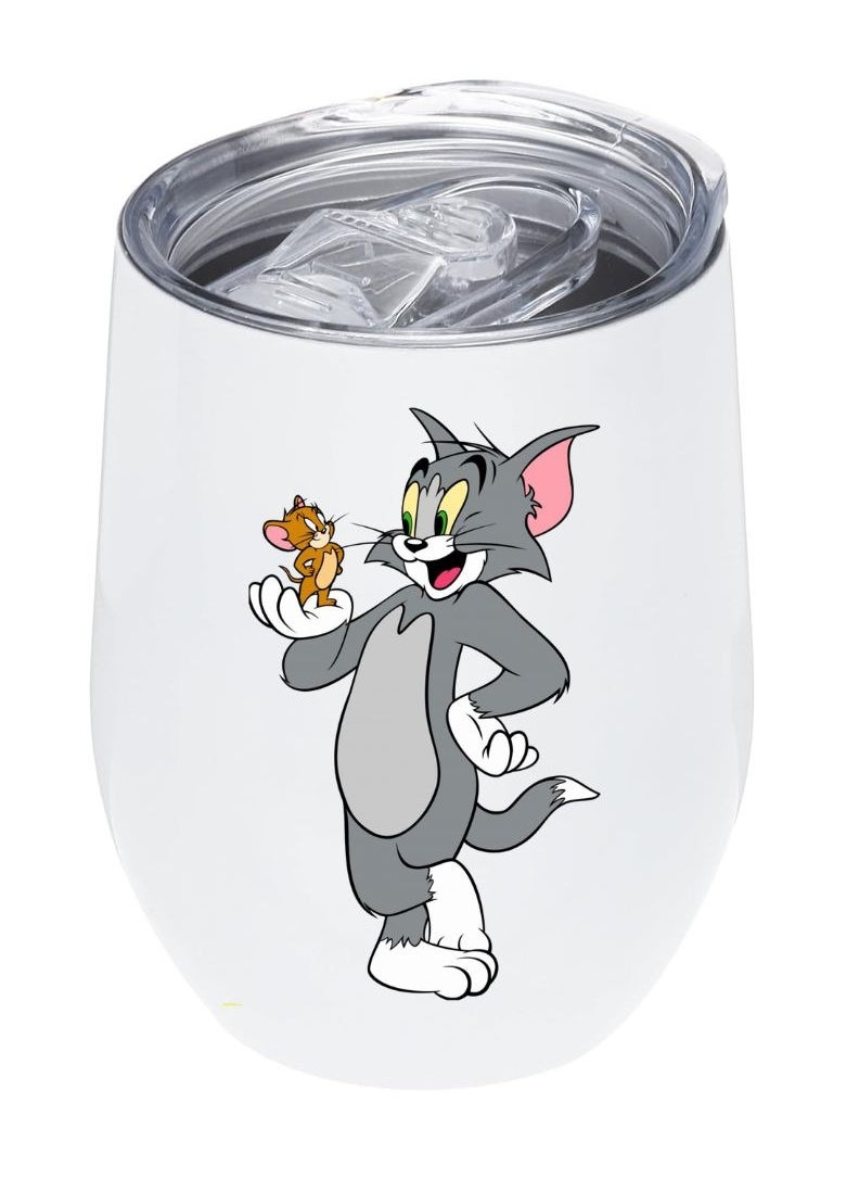 LOUD UNIVERSE White Stainless Steel Insulated Tumbler 12Oz With Lid Printed Tom And Jerry Cartoon, Perfect Cute Gift For Hot And Cold Drinks  - Image 1