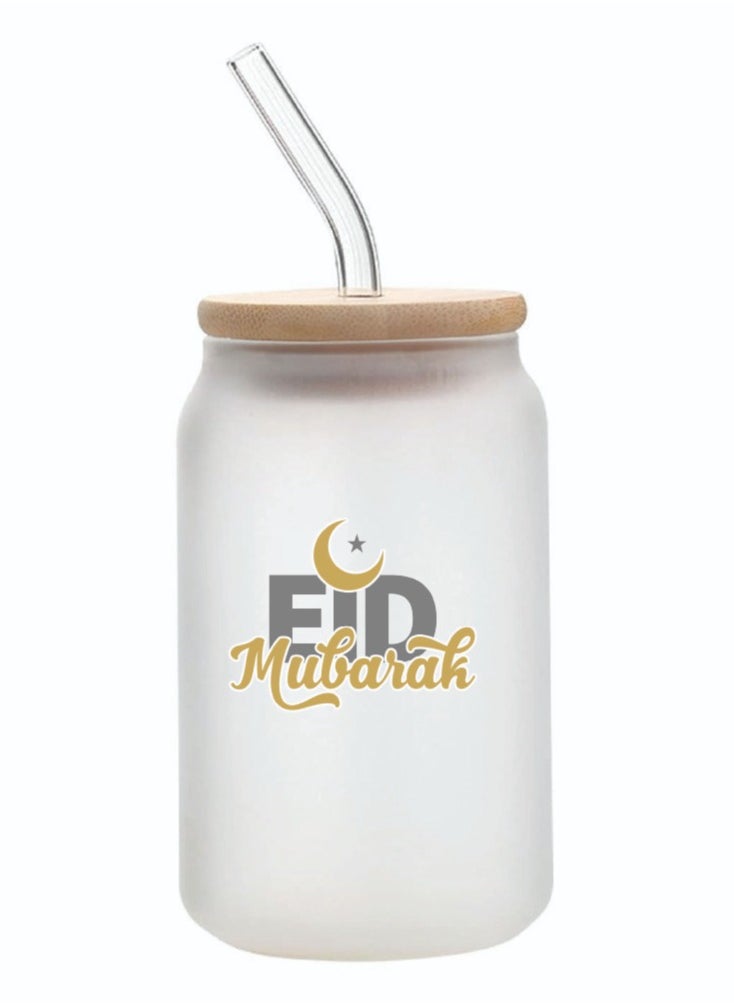 PRINTSHOP4ME Eid Mubarak Reusable Glass Bottle with Straw and Bamboo Lid - Eid Gift for all Islamic - Celebrate Eid Mubarak with this Eco-Friendly Glass Bottle  - Image 1