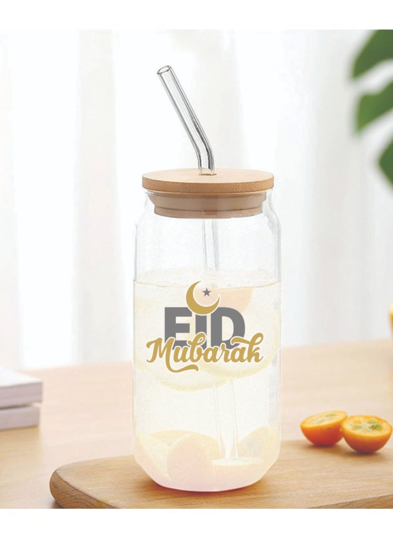 PRINTSHOP4ME Eid Mubarak Reusable Glass Bottle with Straw and Bamboo Lid - Eid Gift for all Islamic - Celebrate Eid Mubarak with this Eco-Friendly Glass Bottle  - Image 3