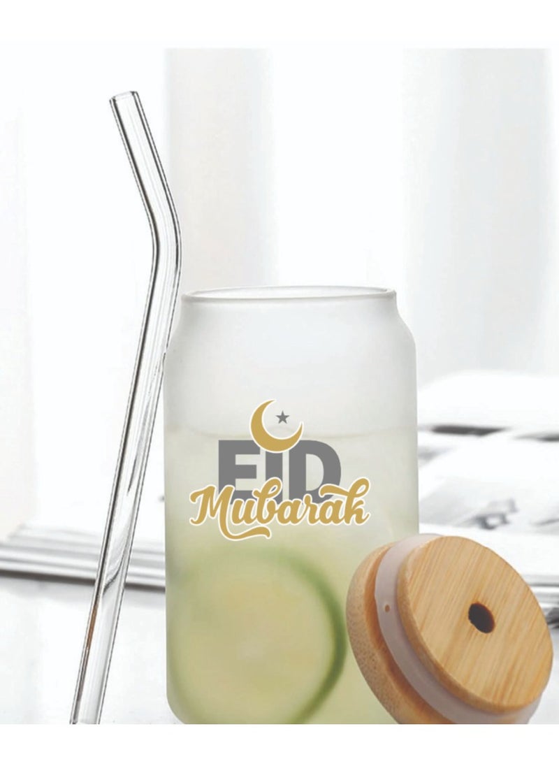PRINTSHOP4ME Eid Mubarak Reusable Glass Bottle with Straw and Bamboo Lid - Eid Gift for all Islamic - Celebrate Eid Mubarak with this Eco-Friendly Glass Bottle  - Image 4