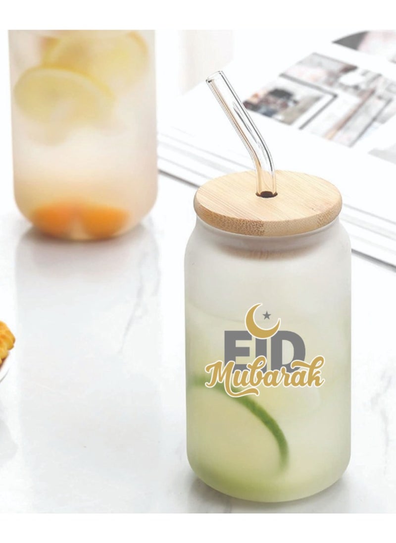 PRINTSHOP4ME Eid Mubarak Reusable Glass Bottle with Straw and Bamboo Lid - Eid Gift for all Islamic - Celebrate Eid Mubarak with this Eco-Friendly Glass Bottle  - Image 2