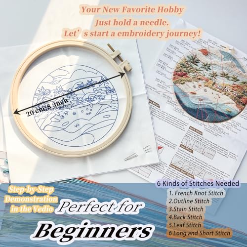 FONNUY Beach Ocean Embroidery Kit, Cross Stitch Kits for Beginners, Handmade Crafts with Printed Patterns for Beginner Adults, Easy to Follow Color Thread Needlework, 8'' Hoop (Coconut Tree) - Image 5