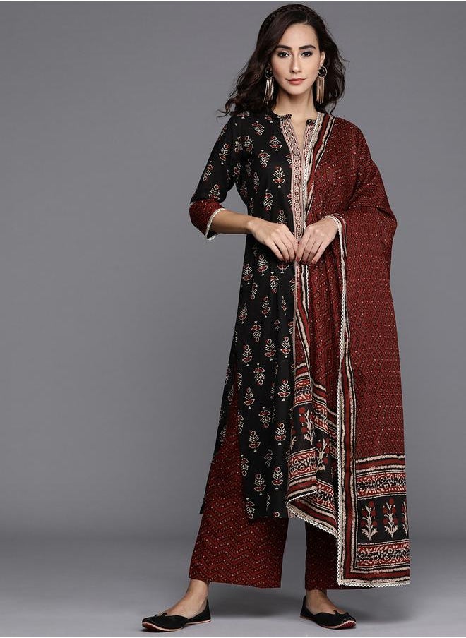 Libas All-Over Print Straight Kurta and Palazzo with Dupatta Set by Styli  - Image 1