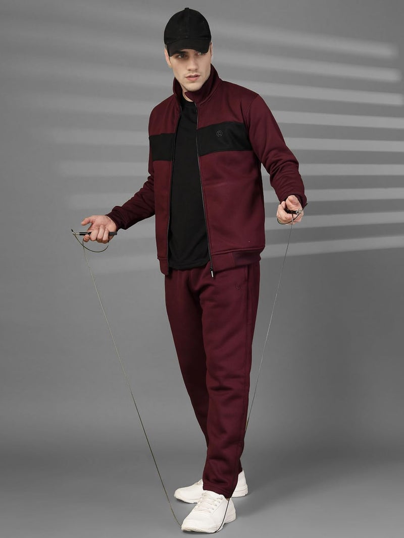 CHKOKKO Mens High Neck Winter Tracksuit Full Zip Jacket with Elastic Waist Lower Warm and Soft Activewear Set for Gym Running and Casual Use Wine Black M - Image 5
