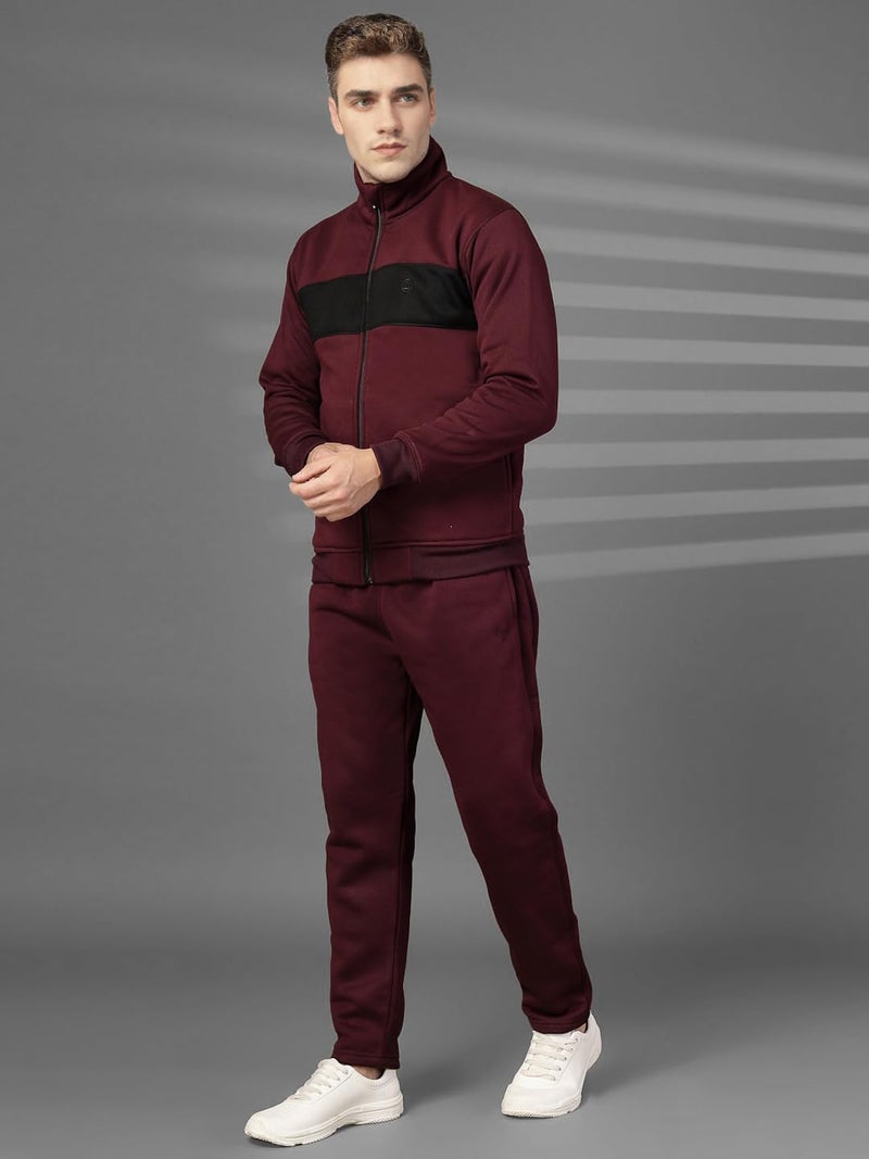 CHKOKKO Mens High Neck Winter Tracksuit Full Zip Jacket with Elastic Waist Lower Warm and Soft Activewear Set for Gym Running and Casual Use Wine Black M - Image 3