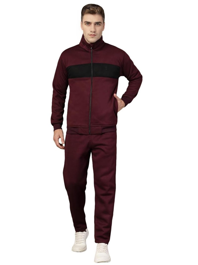 CHKOKKO Mens High Neck Winter Tracksuit Full Zip Jacket with Elastic Waist Lower Warm and Soft Activewear Set for Gym Running and Casual Use Wine Black M - Image 1