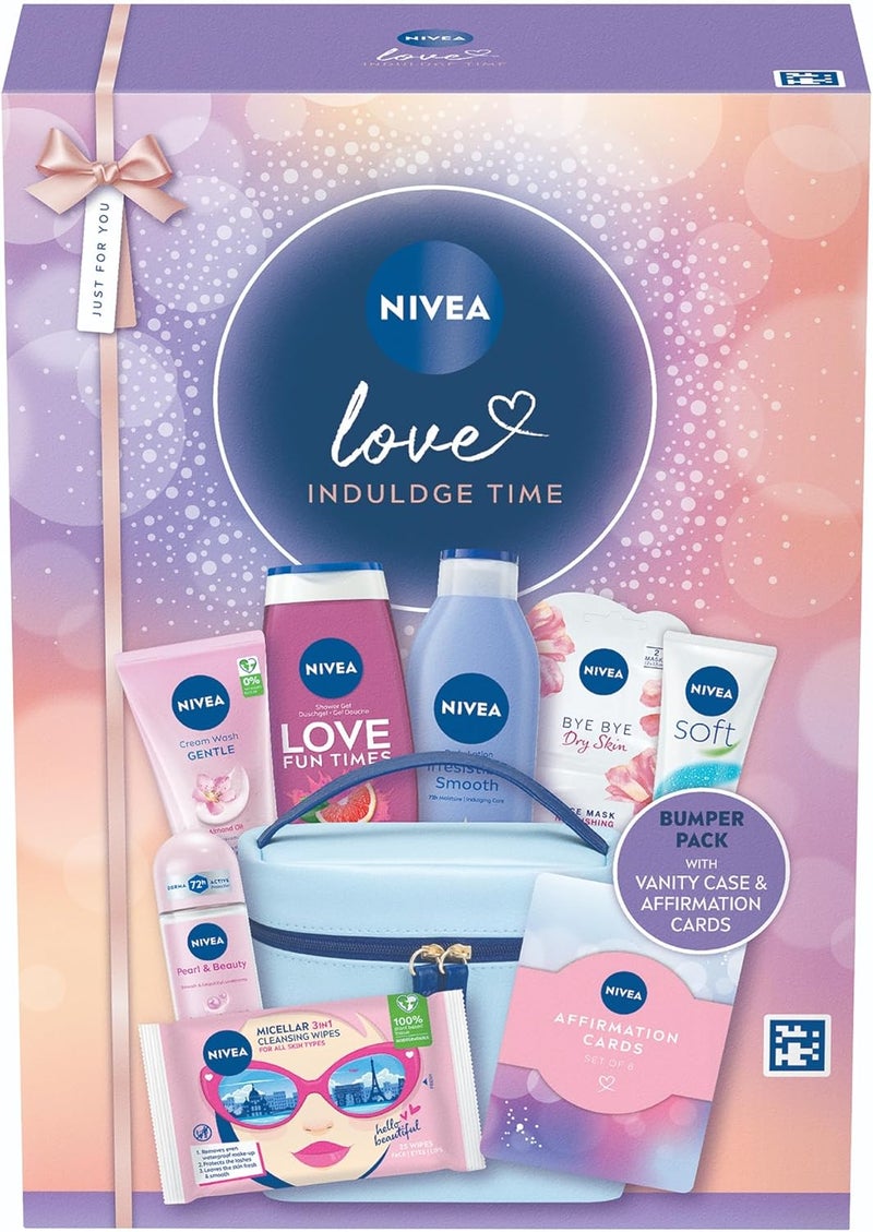 NIVEA Love Indulge Time Gift Set 9 Products Womens Gift Set Includes Shower Gel AntiPerspirant Body Lotion Skincare Products with Affirmation Cards and Cosmetic Bag