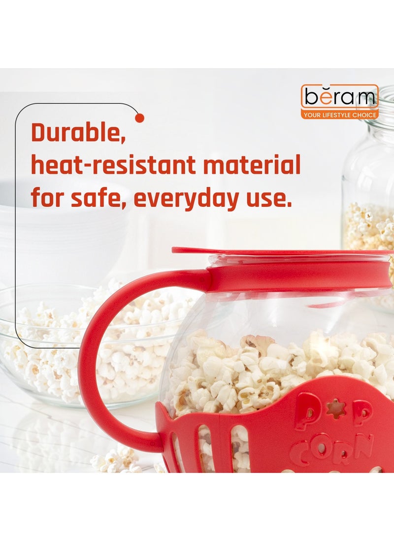 Beram - Microwave Popcorn Maker, Popcorn Popper with Temperature Safe Glass, 3 in 1 Lid, Measures Kernels and Melts Butter, House Party, Movie Nights and Daily Use - Image 1