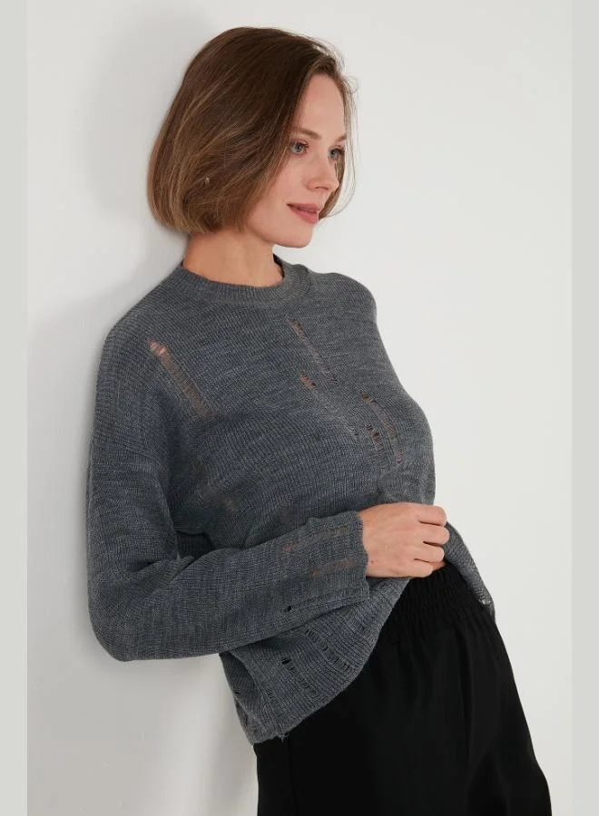 Lela Lela Crew Neck Ripped Pattern Knitted Sweater Women's SWEATER 4616168